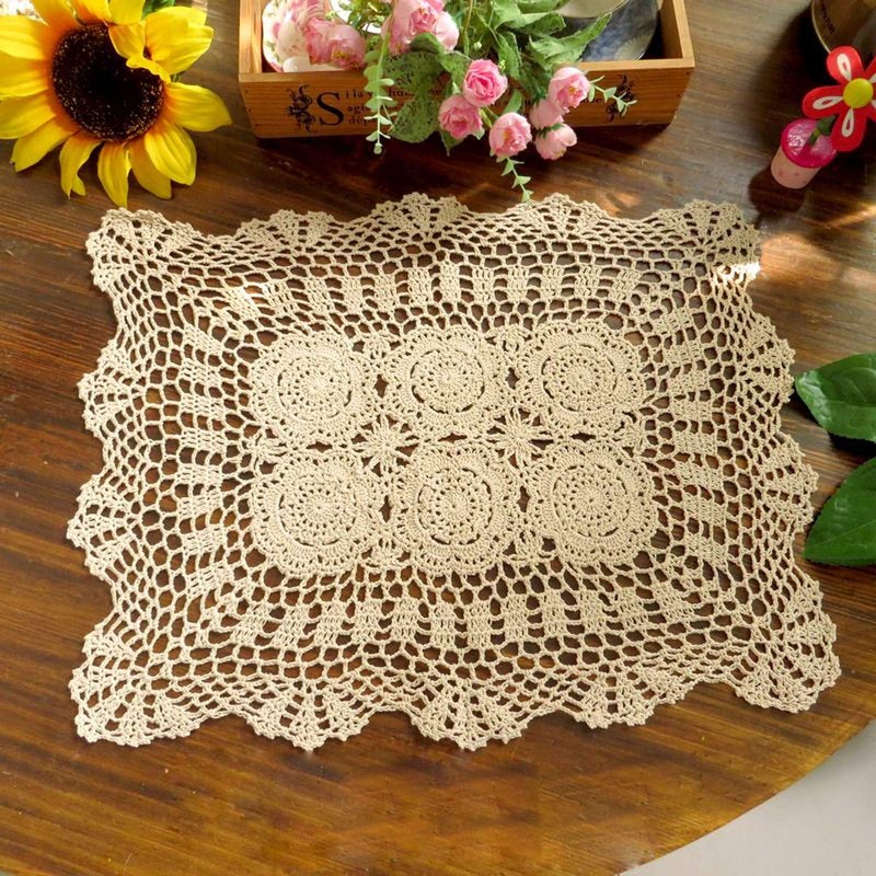 Damanni 15 Inch by 19 Inch Rectangular Cotton Handmade Crochet Lace Table Runner Doilies for Coffee Table Dresser Scarf DÃ©corï¼Œ2PC/Set (15x19 Inch, Beige) - Image 2